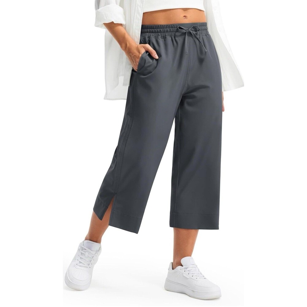 Libin Lightweight Wide Leg Capri Pants for Women High Waisted Dark Gray Size XL